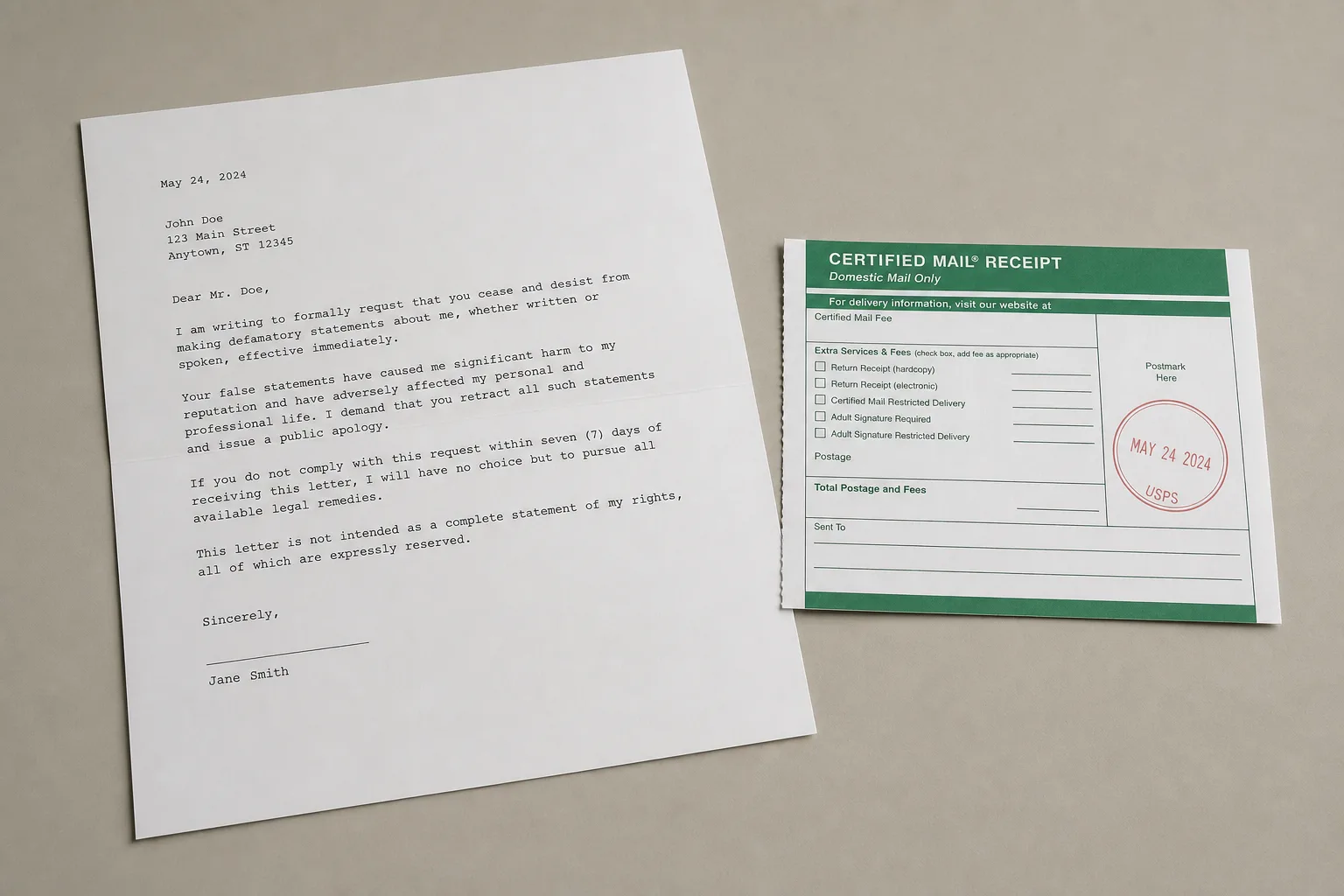 A single typed letter and a certified mail receipt lying side by side on a plain desk