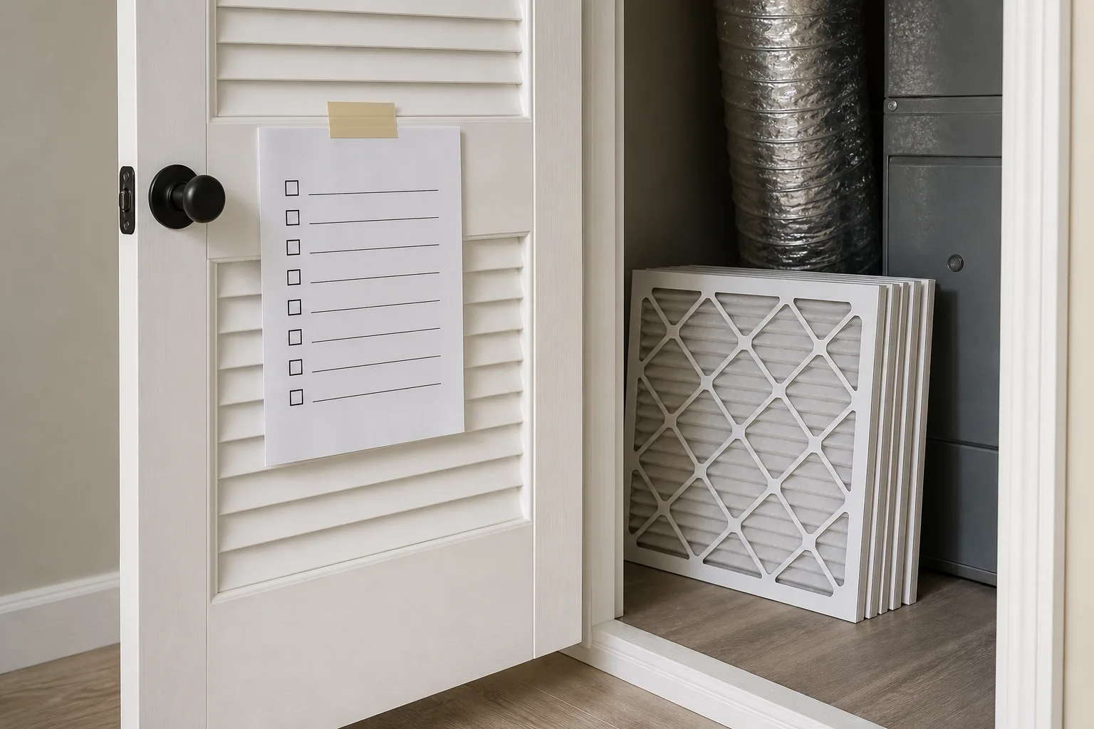 A single printed checklist taped inside an open utility closet door beside a stack of pleated air filters