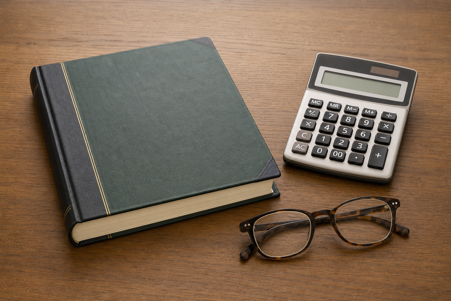 A ledger, a calculator and a pair of reading glasses arranged on a plain wooden desk