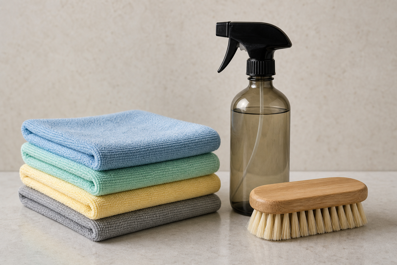 A folded stack of microfiber cloths, a spray bottle and a scrub brush arranged on a plain countertop