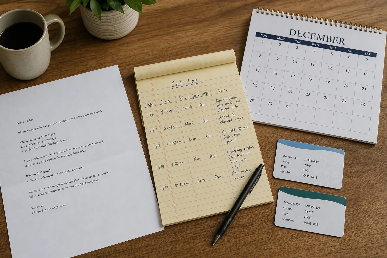 A kitchen table with an insurance denial letter, a handwritten call log on a legal pad, a wall calendar turned to December, and two insurance ID cards side b...
