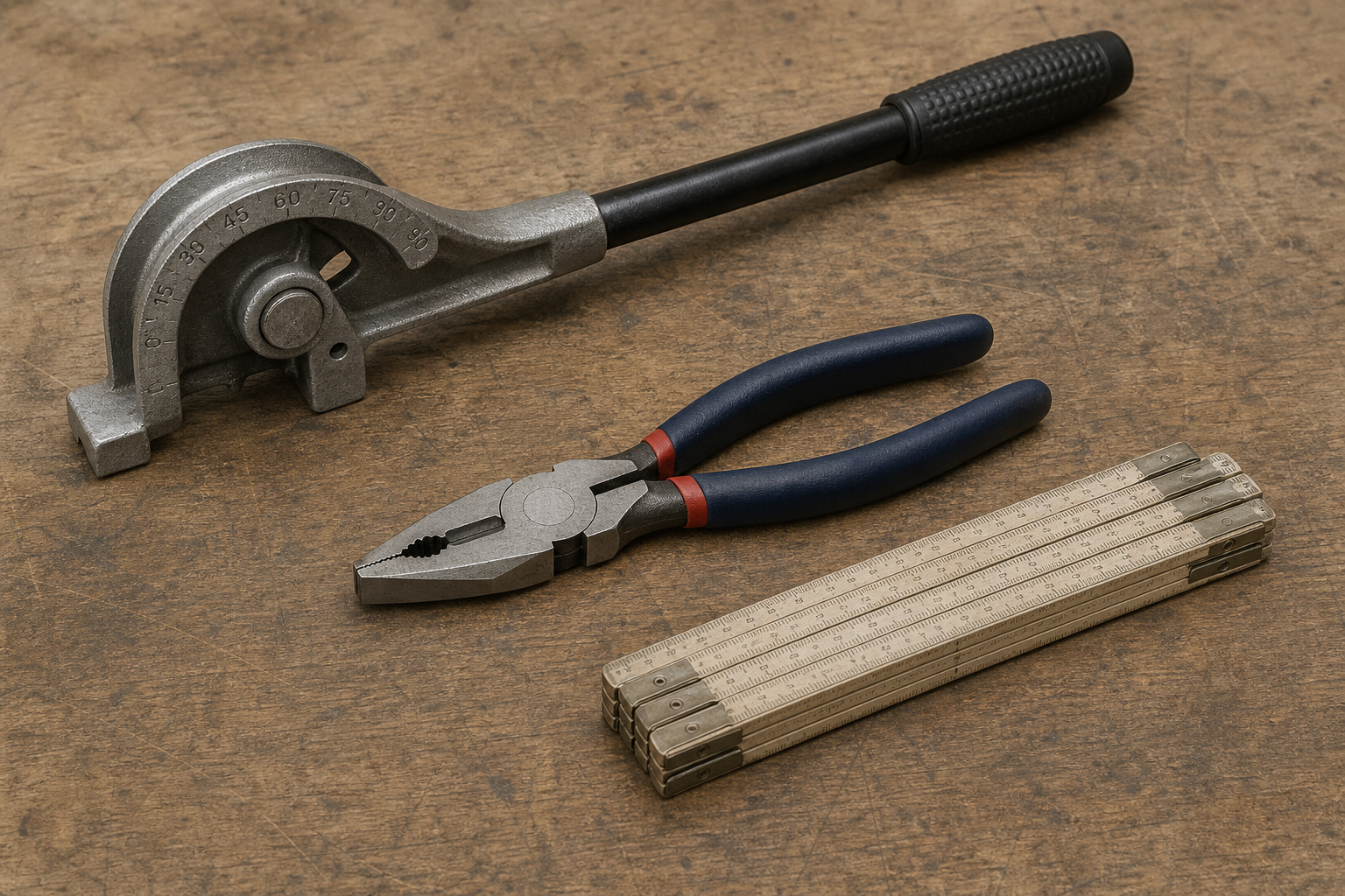 A set of hand tools laid out on a workbench: a conduit bender, linesman pliers, and a folding rule