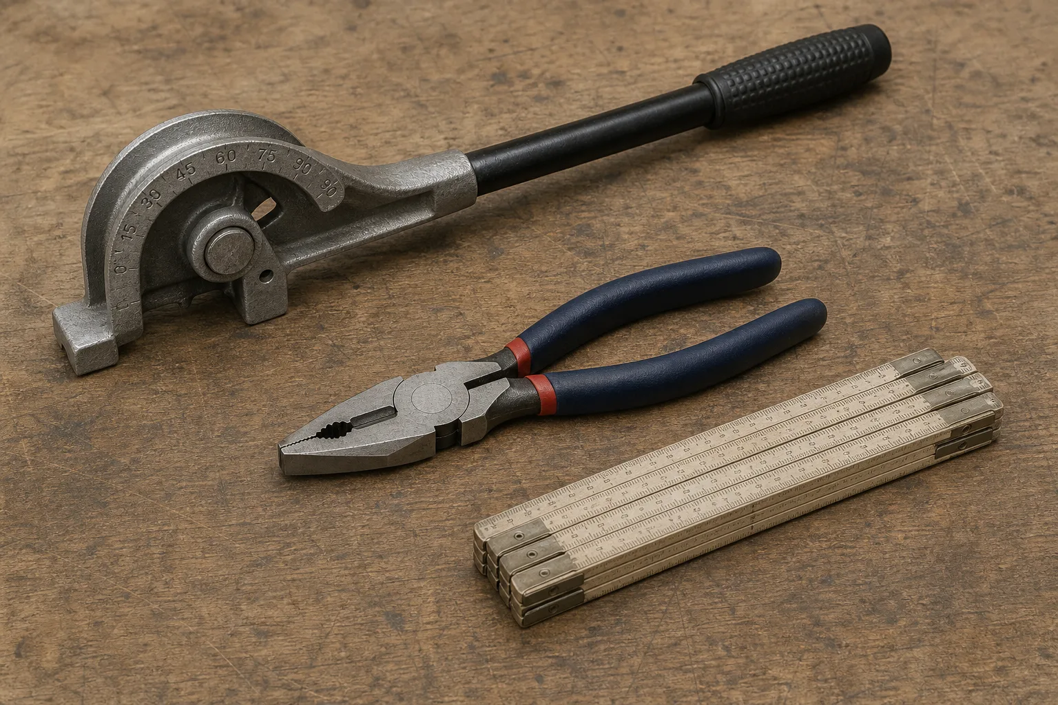 A set of hand tools laid out on a workbench: a conduit bender, linesman pliers, and a folding rule