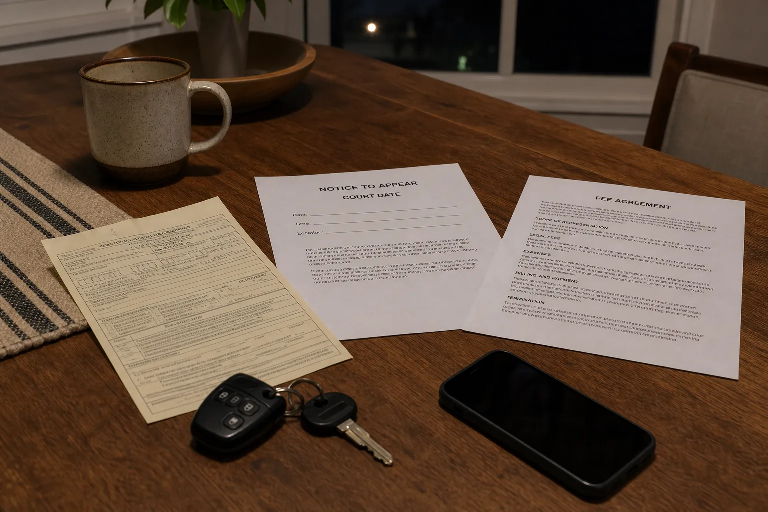 A kitchen table at night with a citation, a court date notice, a printed fee agreement and a set of car keys spread out beside a phone