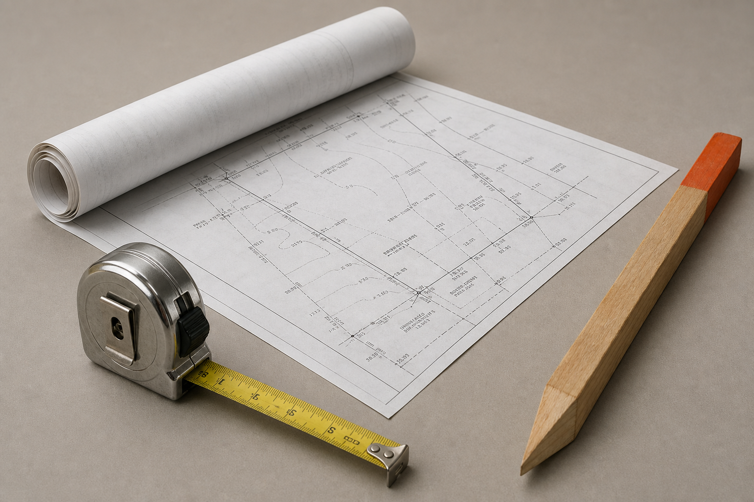 A rolled survey plat partially unrolled on a table beside a steel tape measure and a wooden survey stake