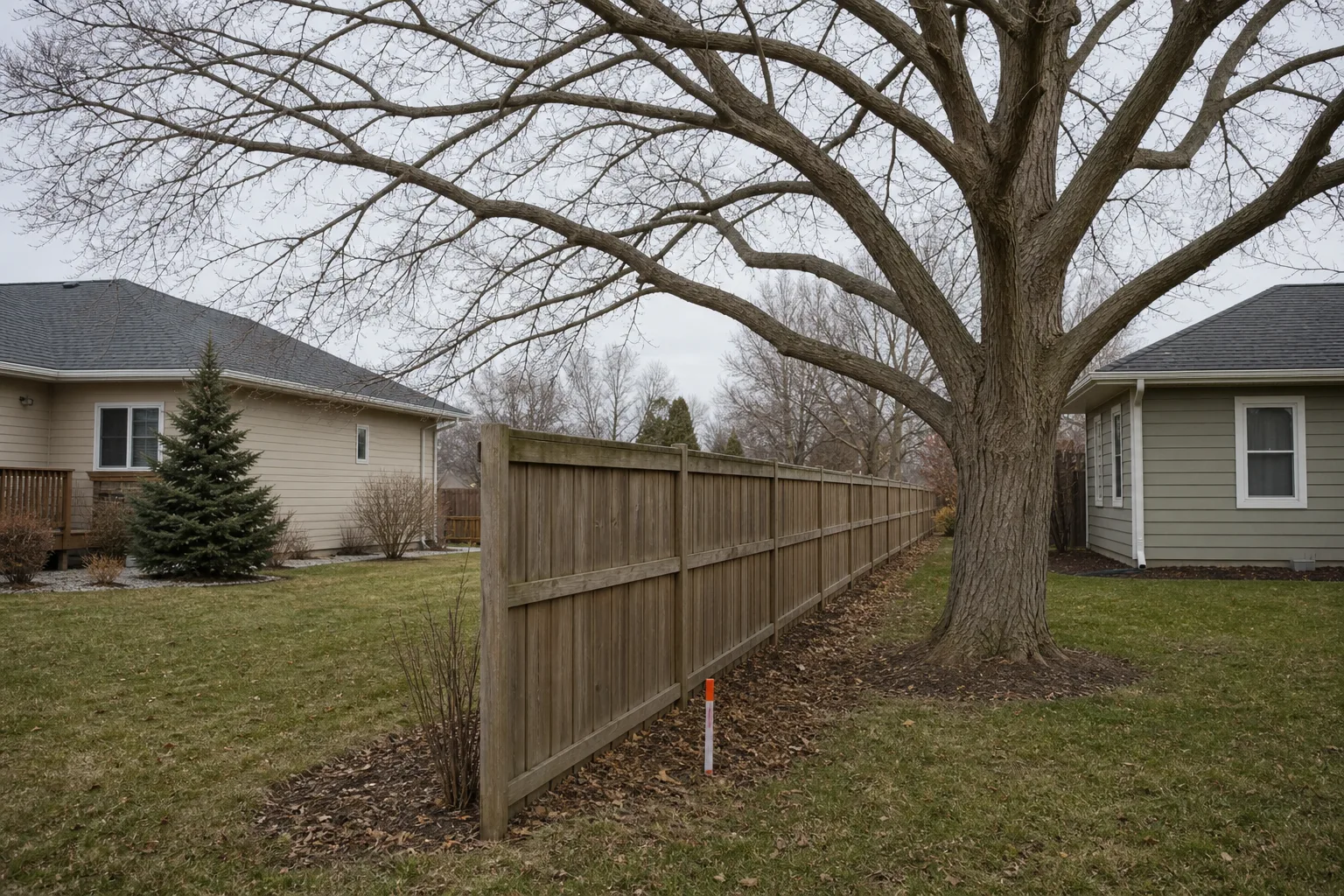 A mature deciduous tree with bare winter branches extending over a wooden property-line fence between two suburban backyards, with a surveyor's marker pin vi...
