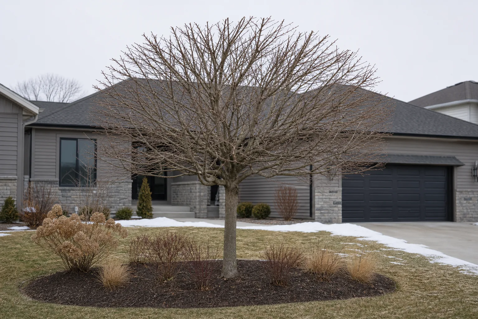A bare deciduous tree in a residential front yard during winter, with a pruned crown and mulched beds below, a house and driveway visible behind it
