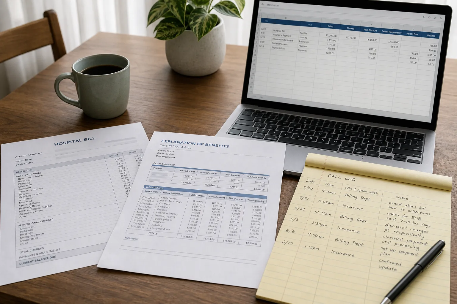 A kitchen table covered with a multi-page itemized hospital bill, an insurance explanation of benefits, a handwritten call log on a legal pad, and a laptop s...