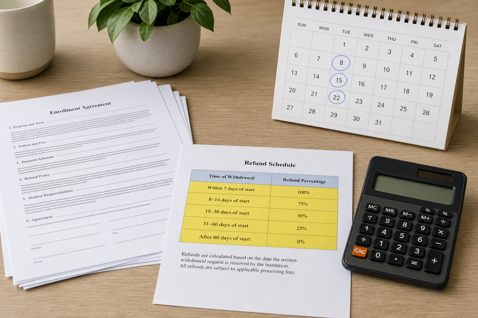 A kitchen table with a printed multi-page enrollment agreement, a highlighted refund schedule, a calendar with dates circled, and a pocket calculator