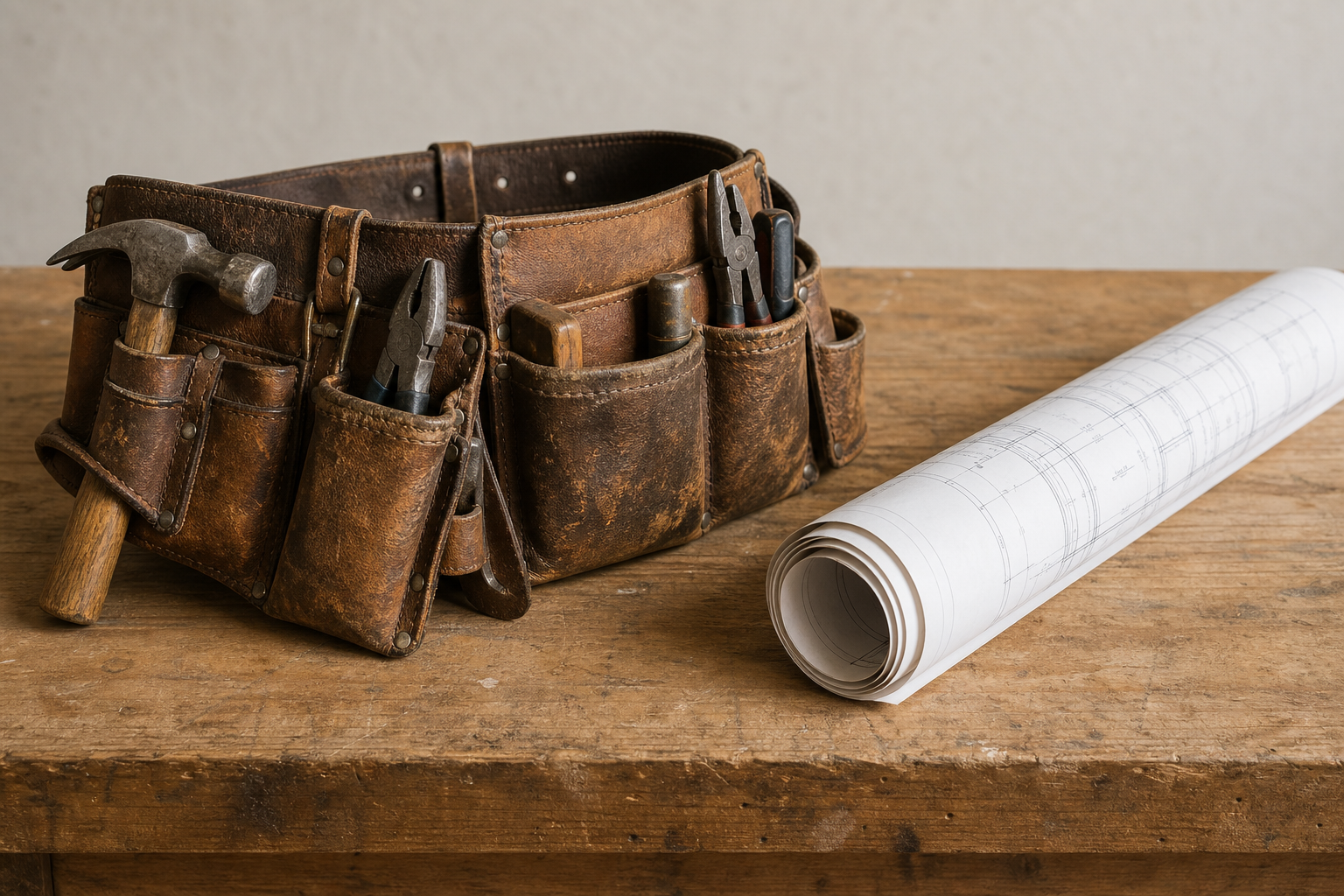 A worn leather tool belt and a rolled set of blueprints resting on a plain workbench