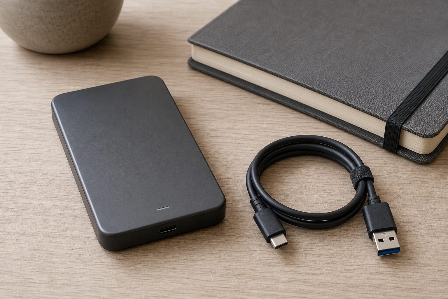 A portable external hard drive and a coiled cable resting on a desk beside a closed notebook