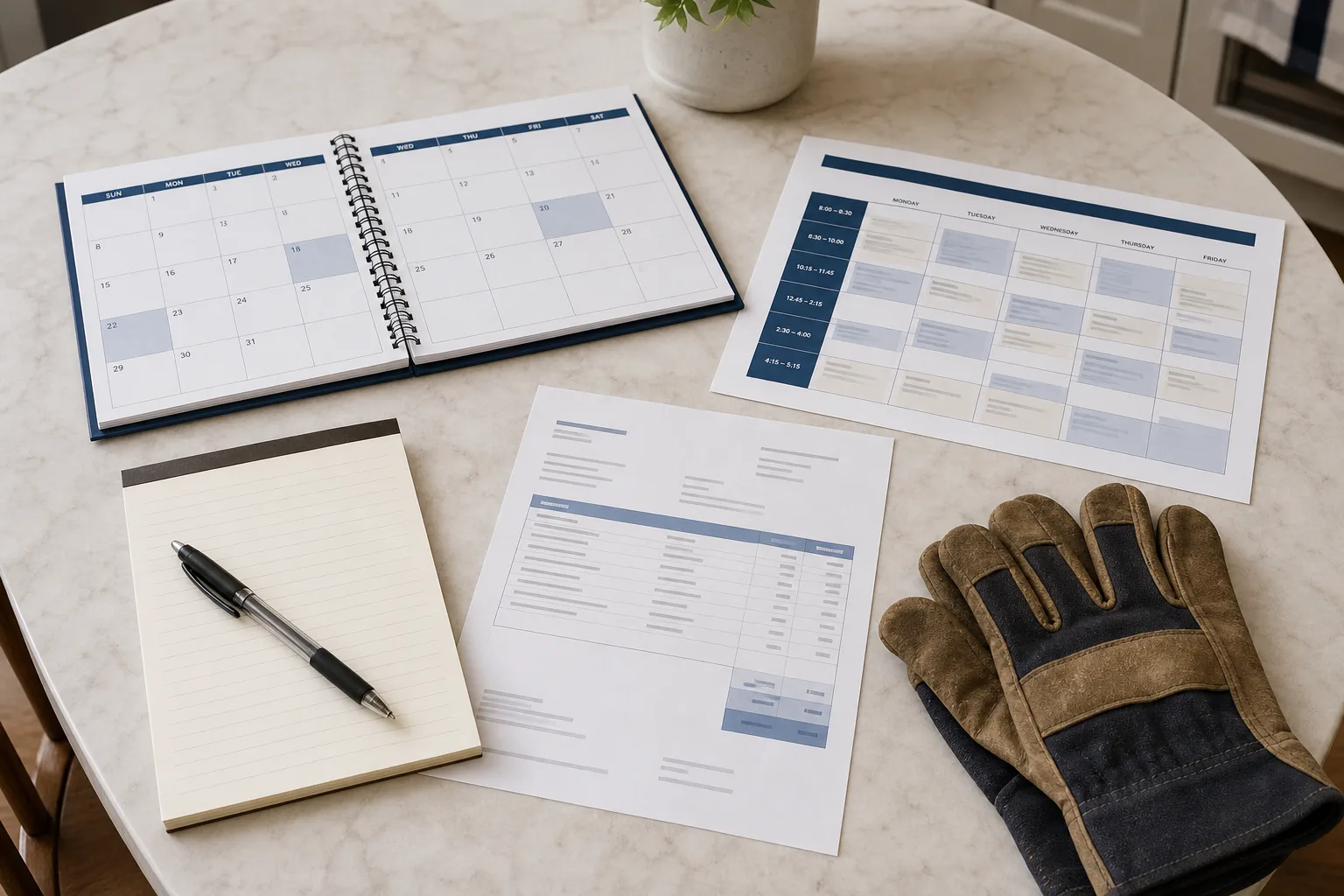 An academic calendar and a printed program schedule spread on a kitchen table beside a notepad, a pen, a tuition invoice and a set of work gloves