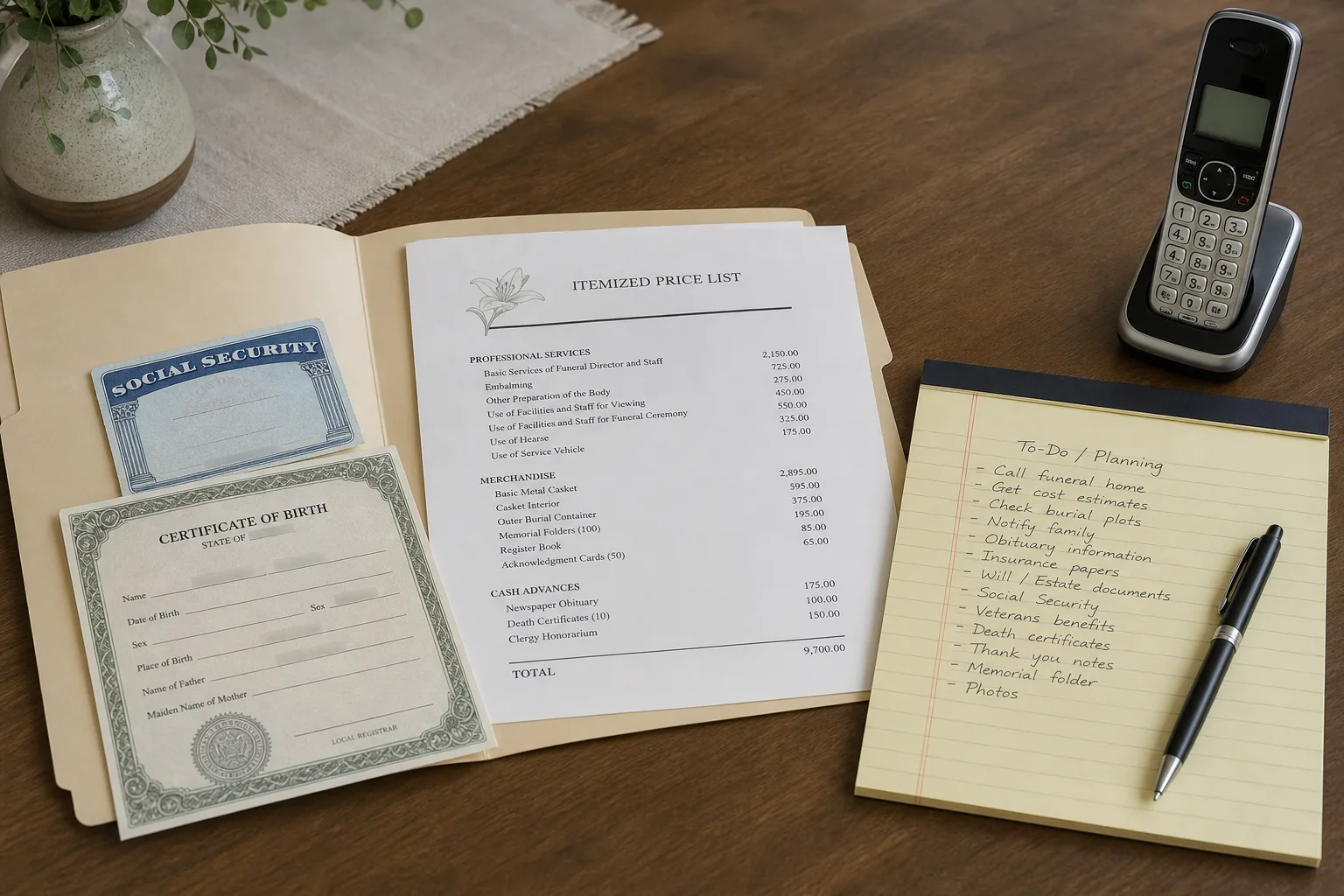 A kitchen table with an open folder of documents, a Social Security card, a birth certificate, a funeral home itemized price list, a legal pad with a handwri...