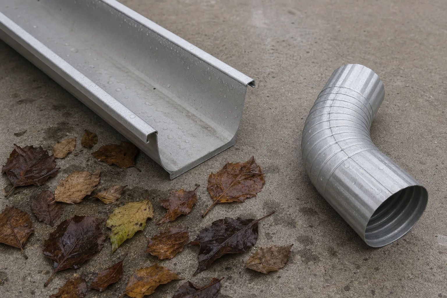 A section of aluminum gutter and a downspout elbow lying on a concrete surface beside a scattering of wet leaves