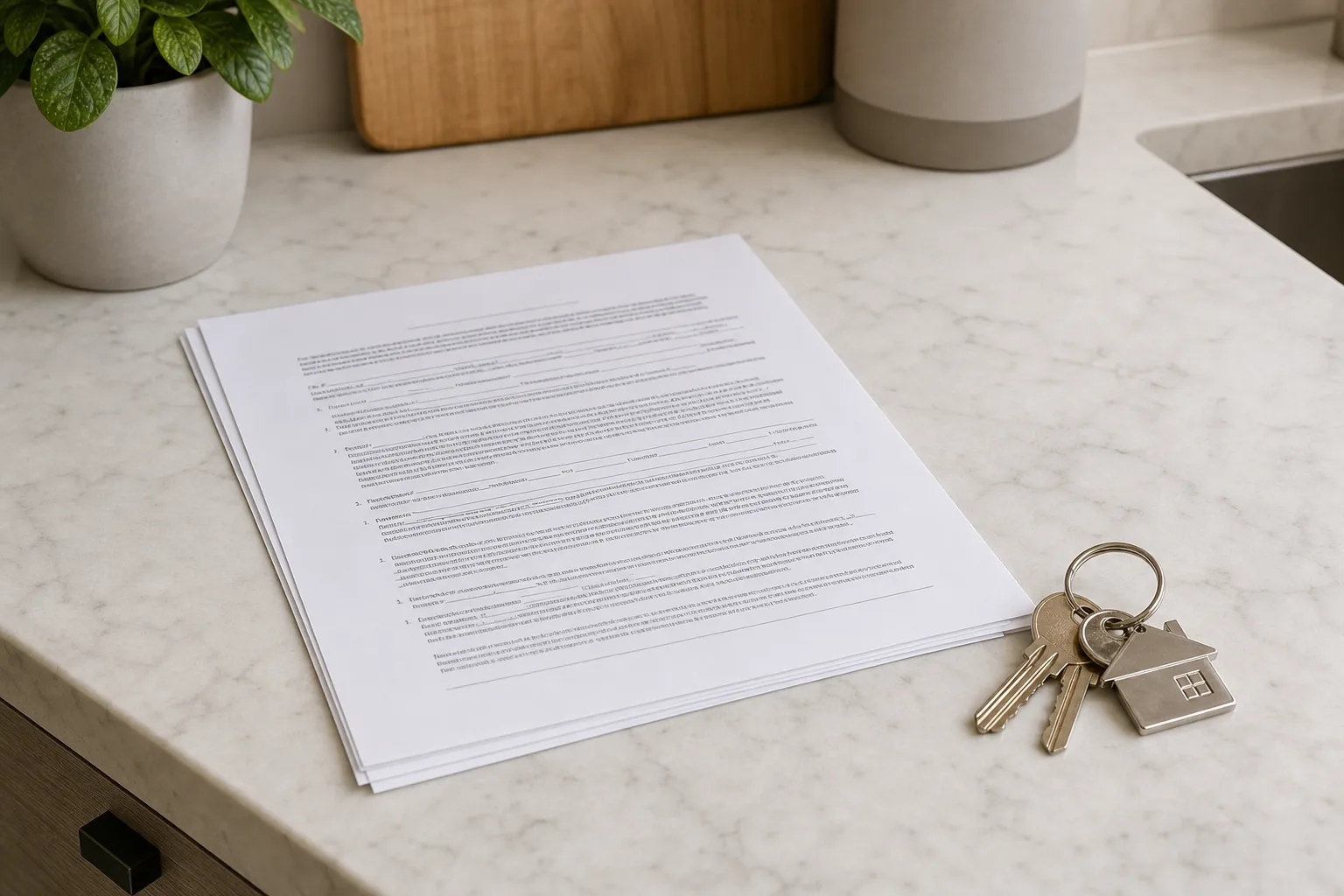 A printed lease agreement resting on a kitchen counter beside a ring of keys