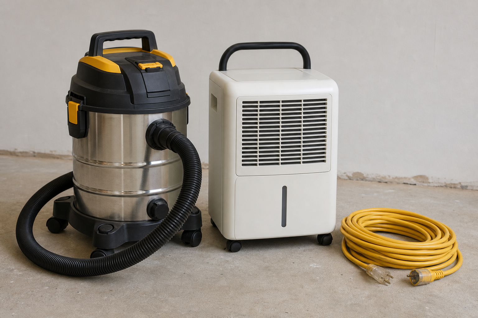 A wet vacuum, a portable dehumidifier and a coiled extension cord standing on a bare subfloor