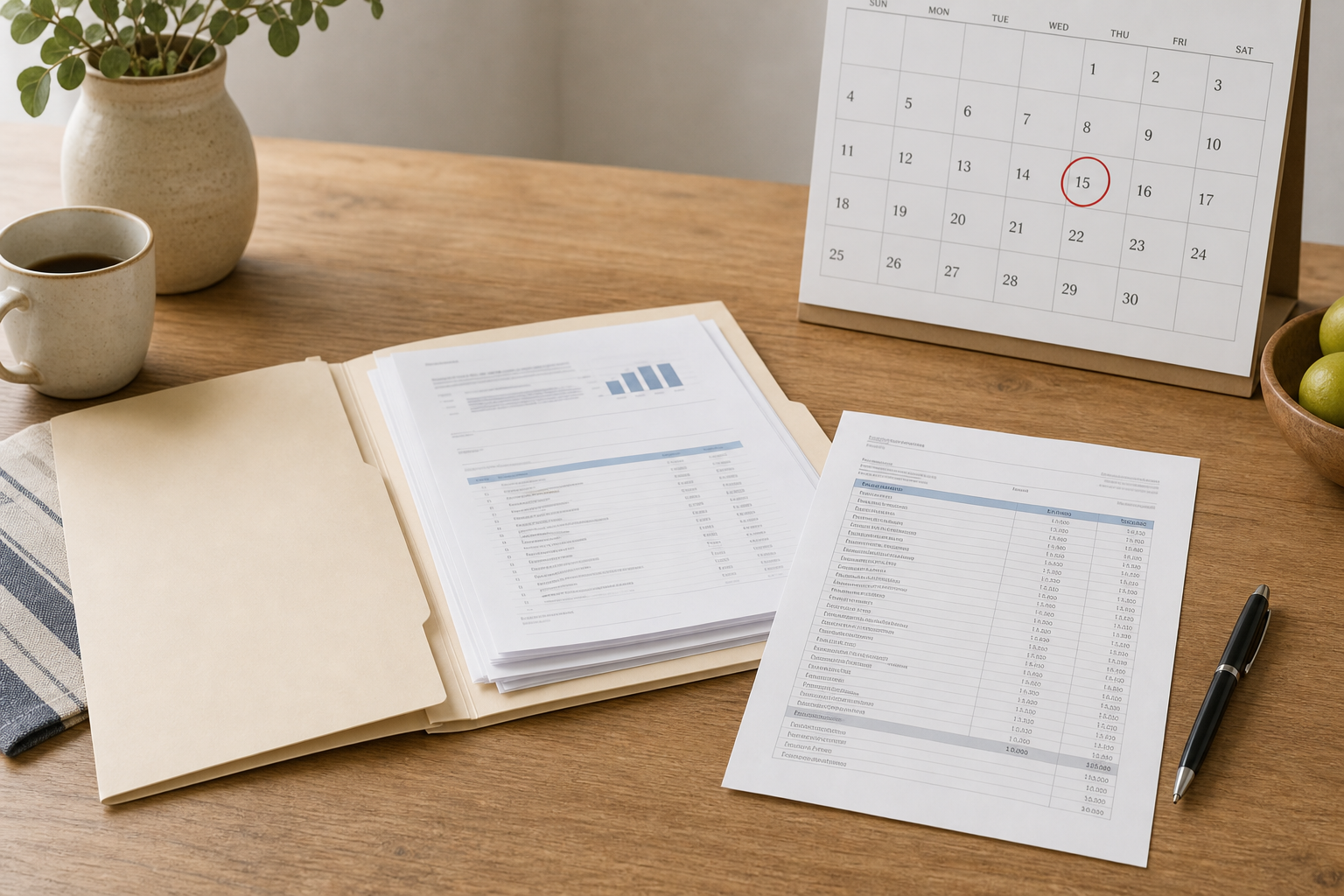 A kitchen table with an open folder of documents, a printed itemized price list, a pen, and a wall calendar with a date circled