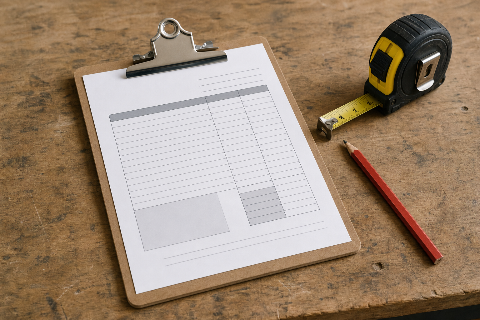 A printed estimate on a clipboard resting on a workbench beside a tape measure and a carpenter's pencil