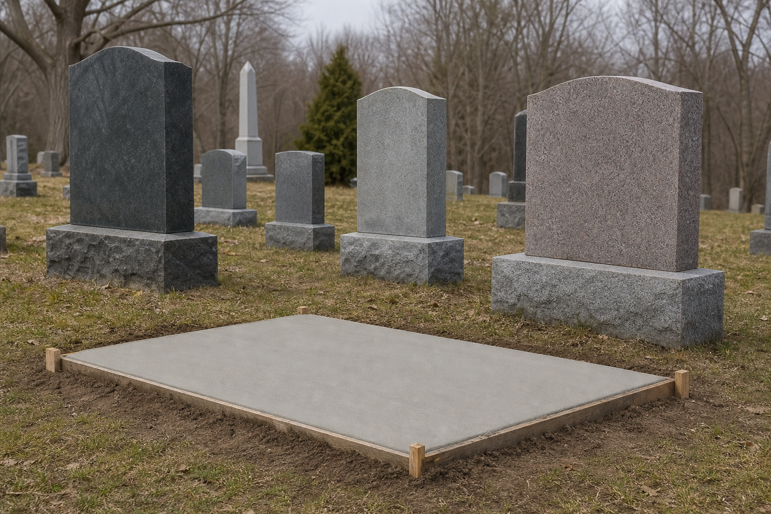 A cemetery monument section in early spring, with upright granite headstones of varying heights and a freshly poured concrete foundation slab awaiting a new...