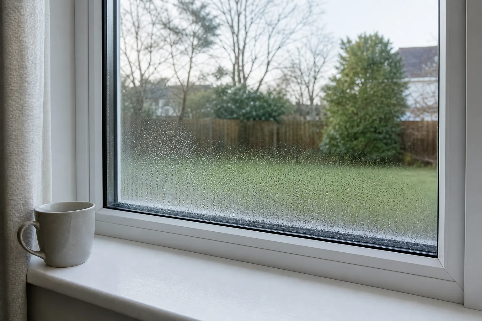 Close view of a double-glazed residential window on a cold morning, with condensation beading on the lower portion of the interior pane and a clear view of a...