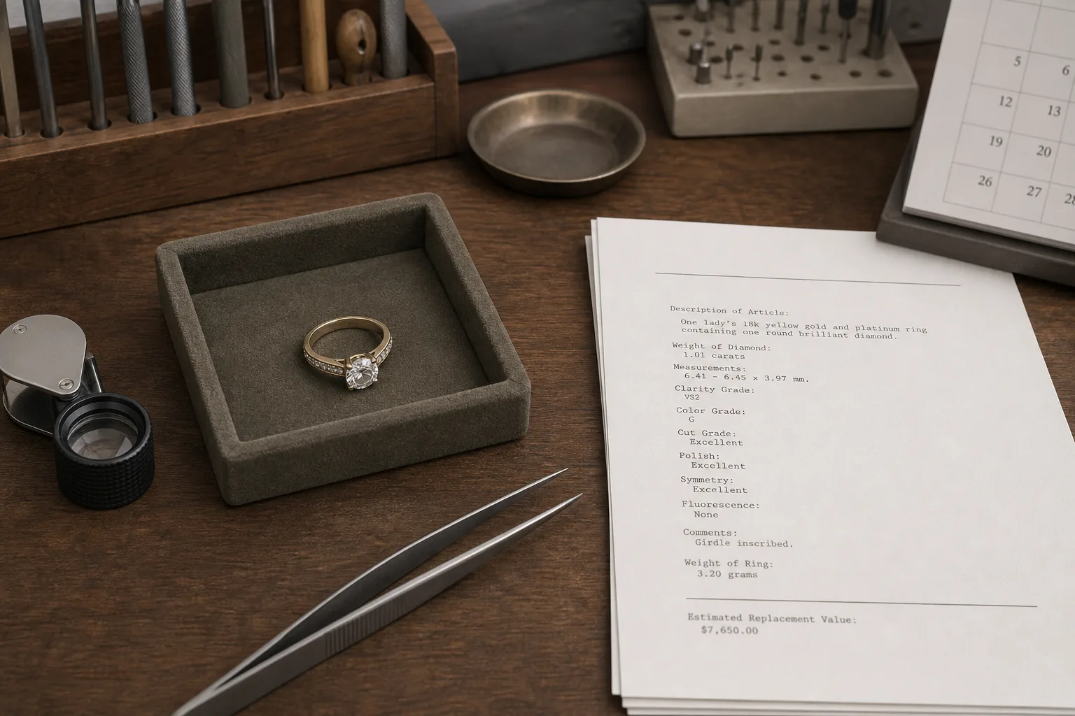 A jeweler's workbench with a loupe, tweezers, a ring in a small tray, and a typed appraisal document beside a calendar