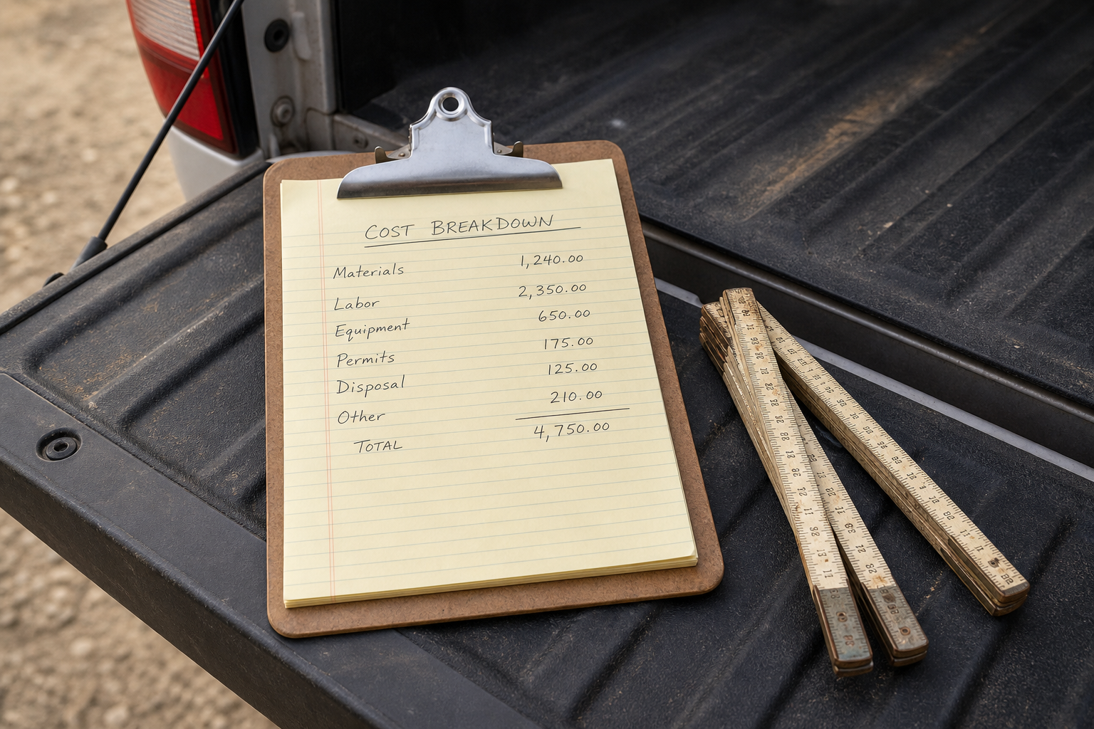 A clipboard with a handwritten cost breakdown resting on a truck tailgate beside a folding rule