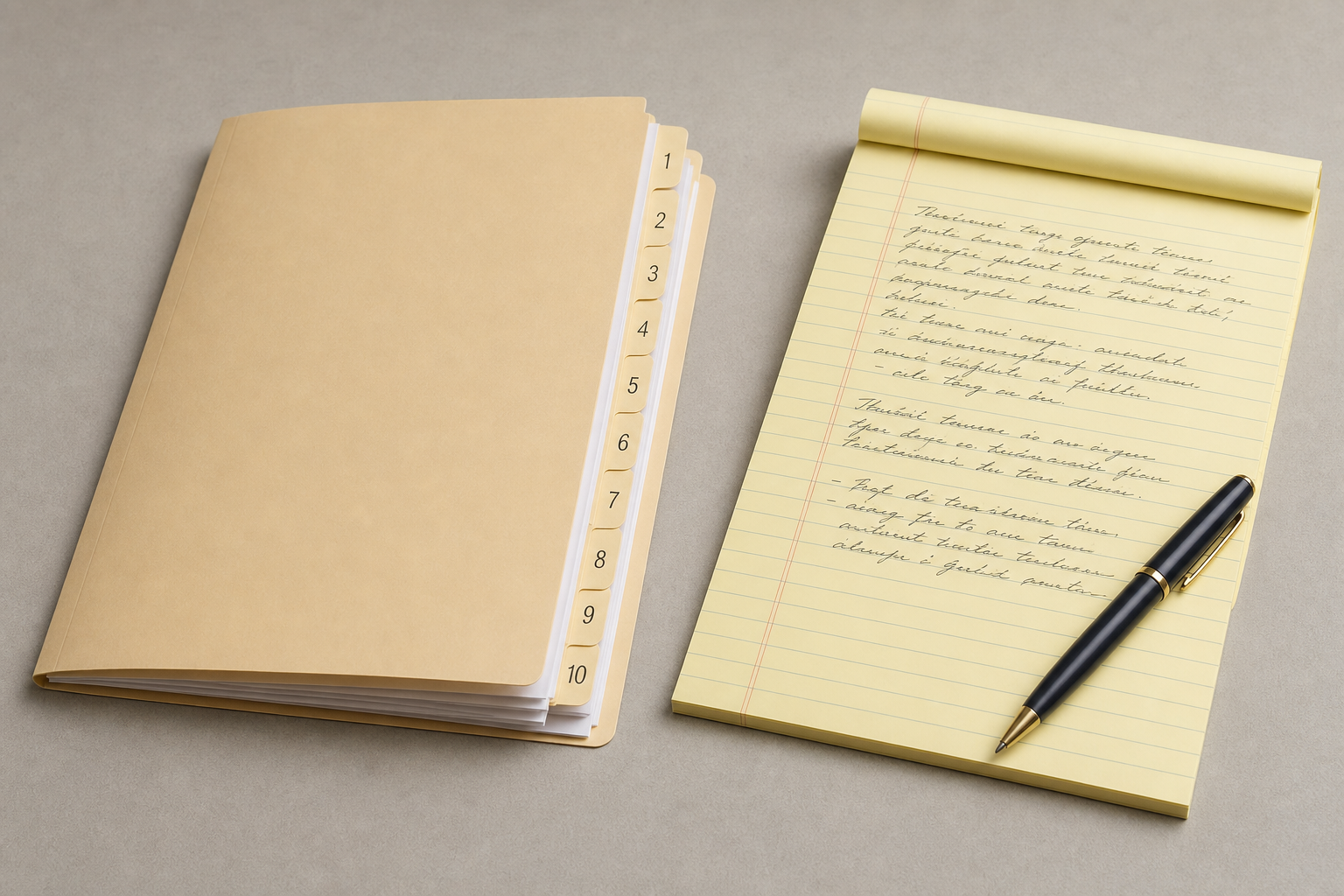 A manila folder of numbered documents, a legal pad with handwriting, and a pen arranged on a table