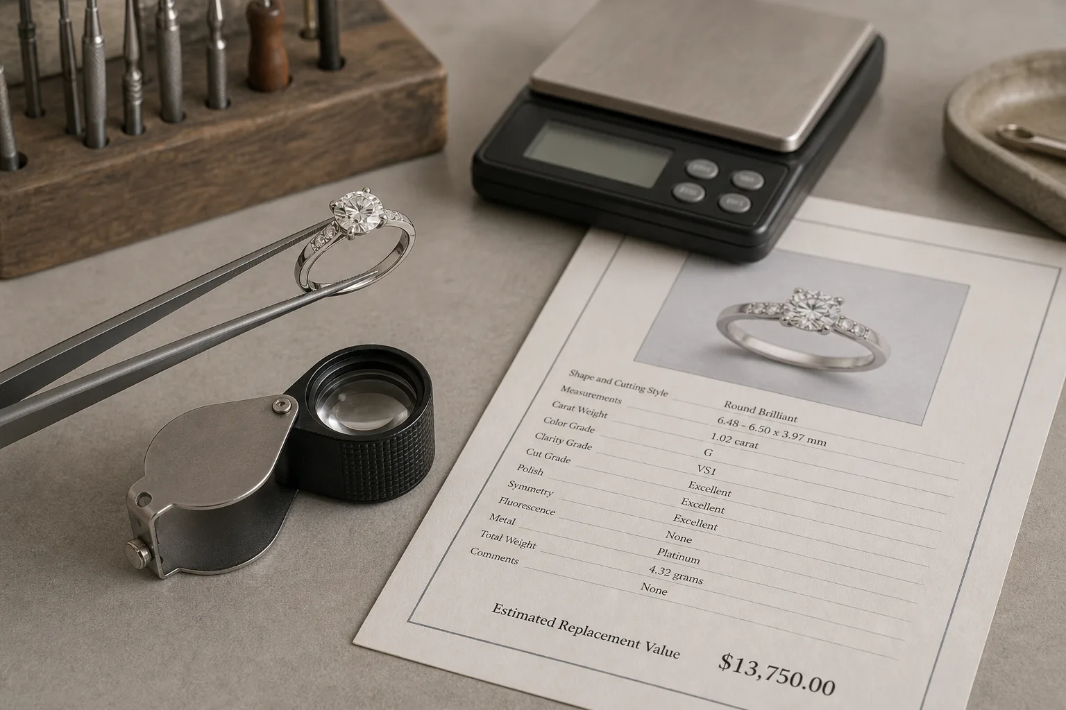 A jeweler's workbench with a diamond ring held in tweezers beside a loupe, a digital scale, and a printed appraisal document with a typed valuation