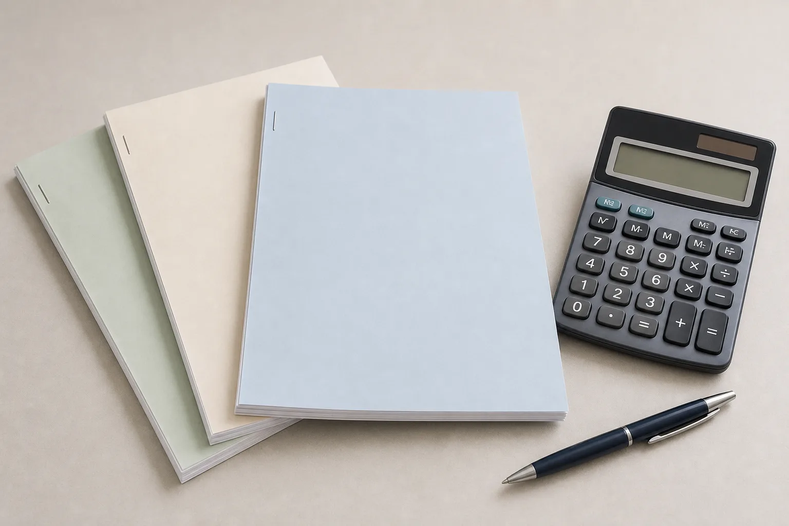 Three stapled document sets fanned across a plain desk beside a calculator and a pen