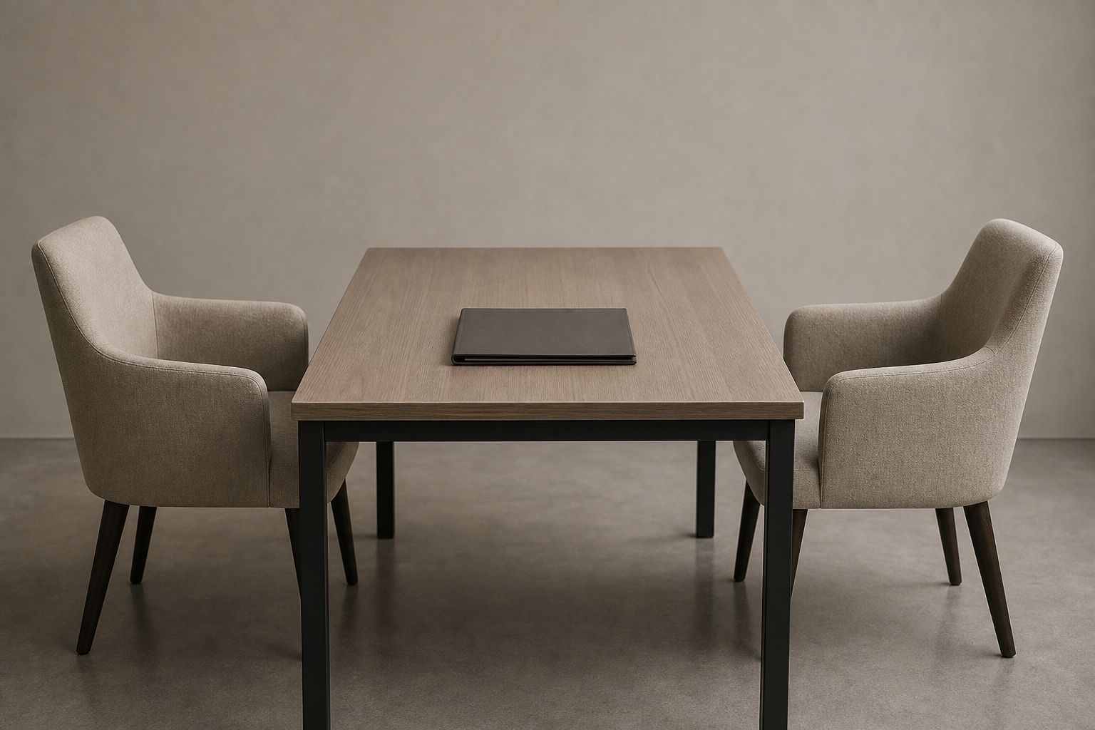 Two chairs facing each other across a plain table with a closed folder set in the middle