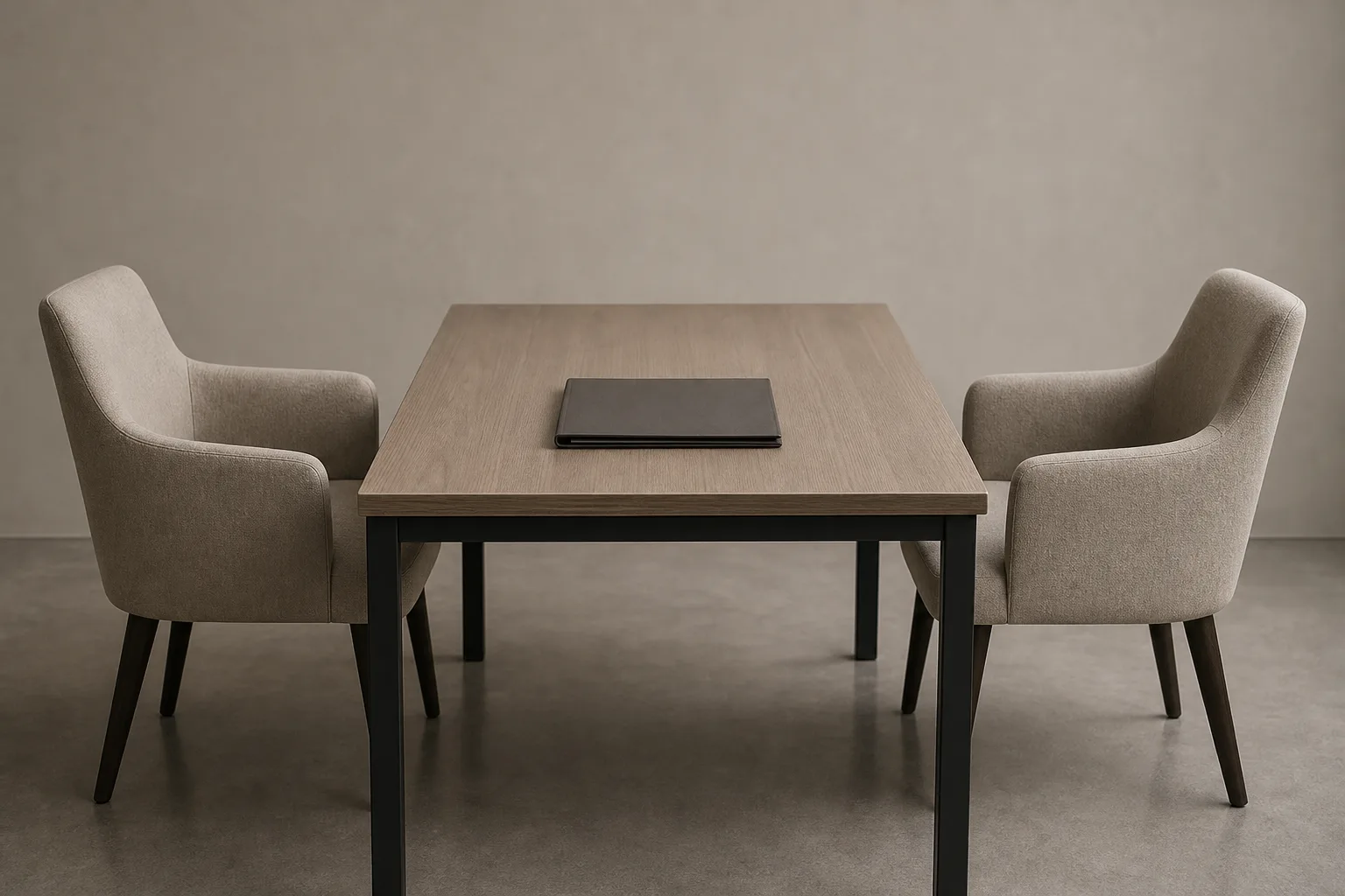 Two chairs facing each other across a plain table with a closed folder set in the middle