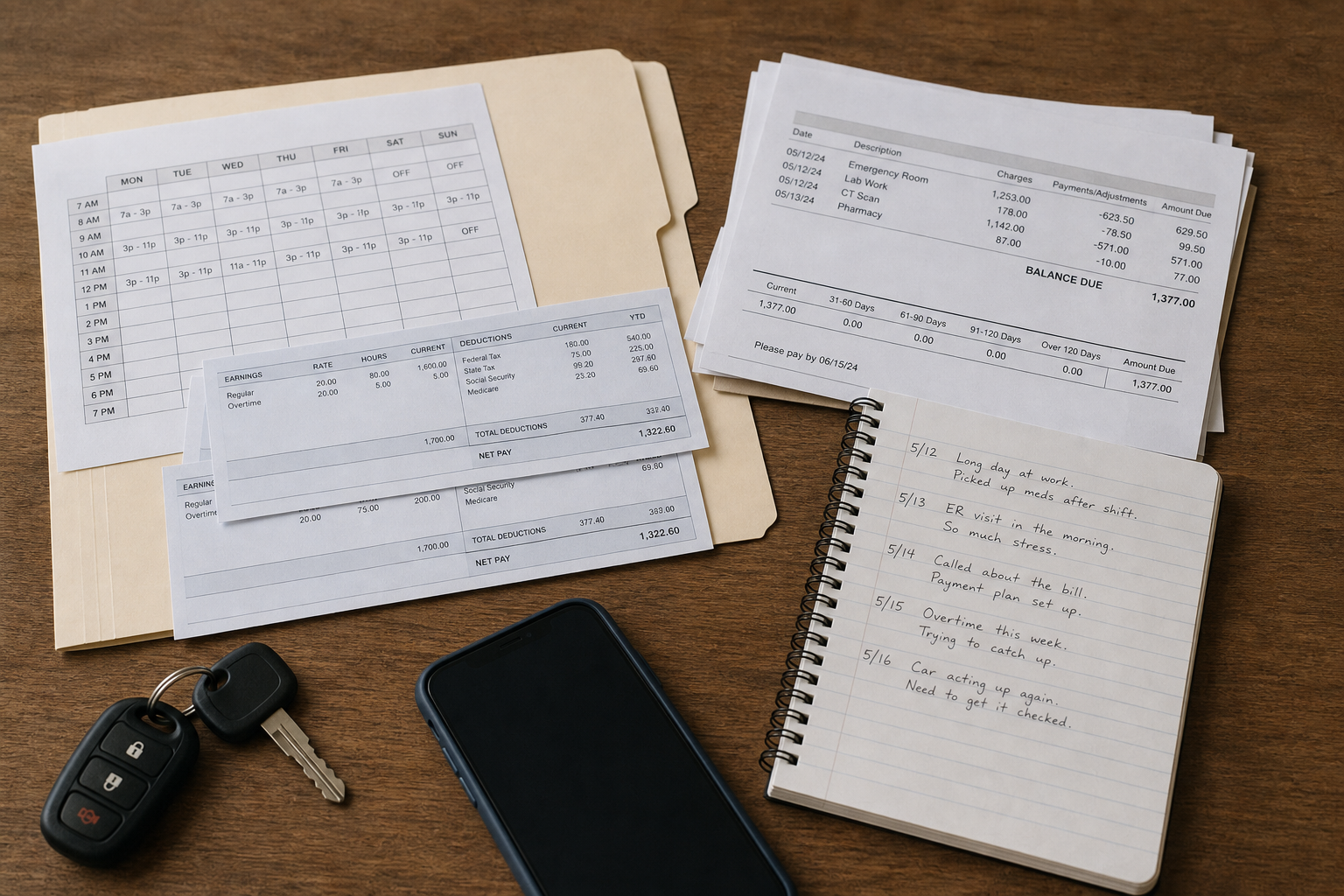 A kitchen table with an open manila folder, a printed work schedule, pay stubs, medical bills, and a spiral notebook with dated handwritten entries, alongsid...