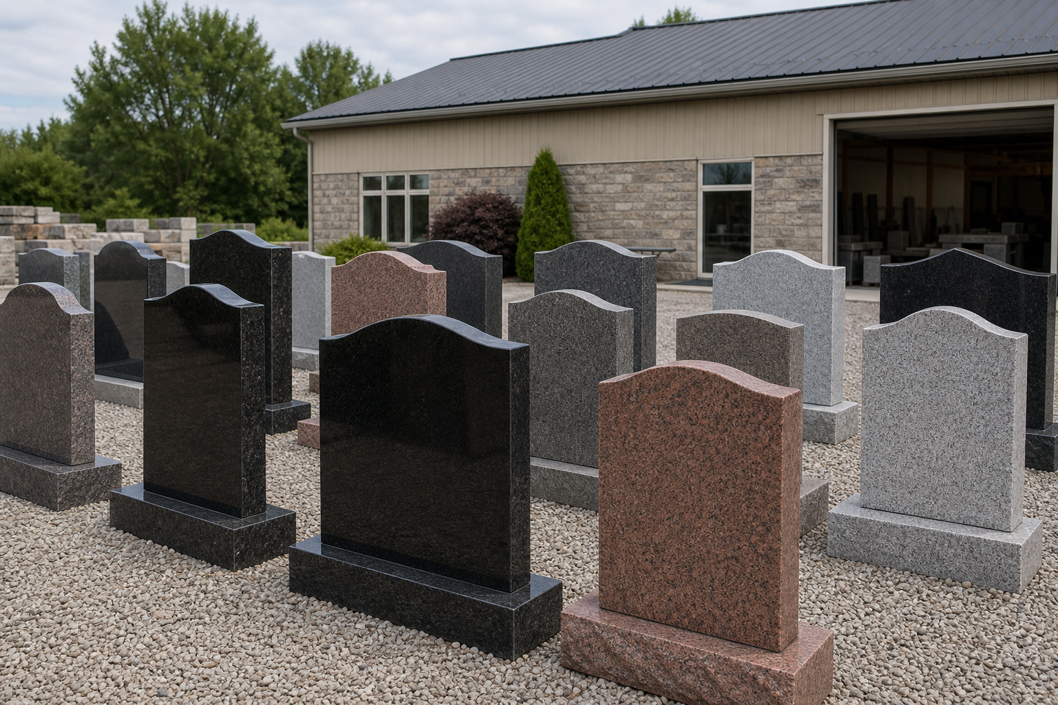 A granite monument display yard at a stone dealer, rows of upright memorial samples in different colors and finishes standing on gravel, with a low workshop...