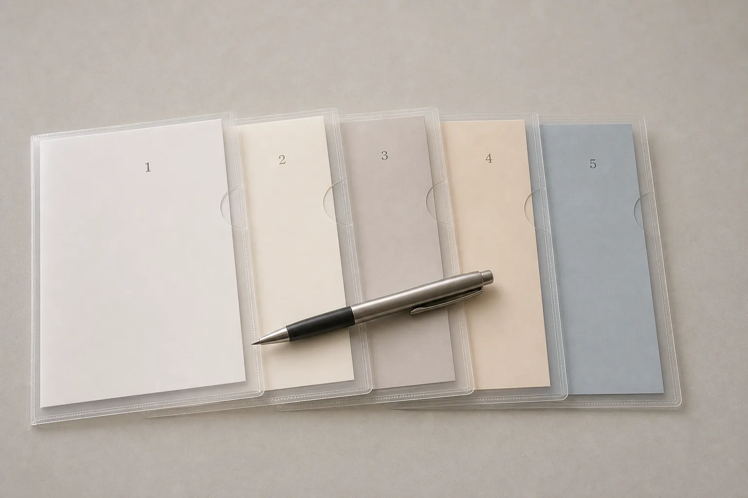 A row of numbered document sleeves laid out in order on a table with a pen resting across them