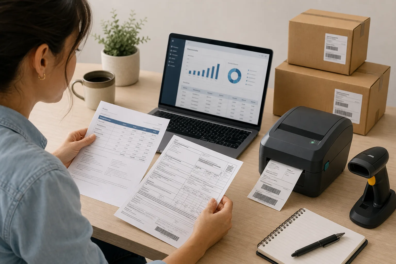 A small business owner at a desk reviewing a printed rate card and bill of lading beside a laptop showing an inventory dashboard, with a thermal label printe...
