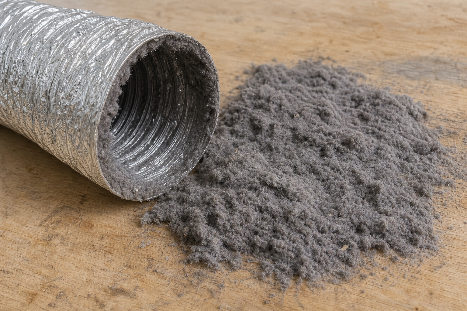 A length of flexible dryer duct pulled open on a workbench with a dense mat of gray lint beside it