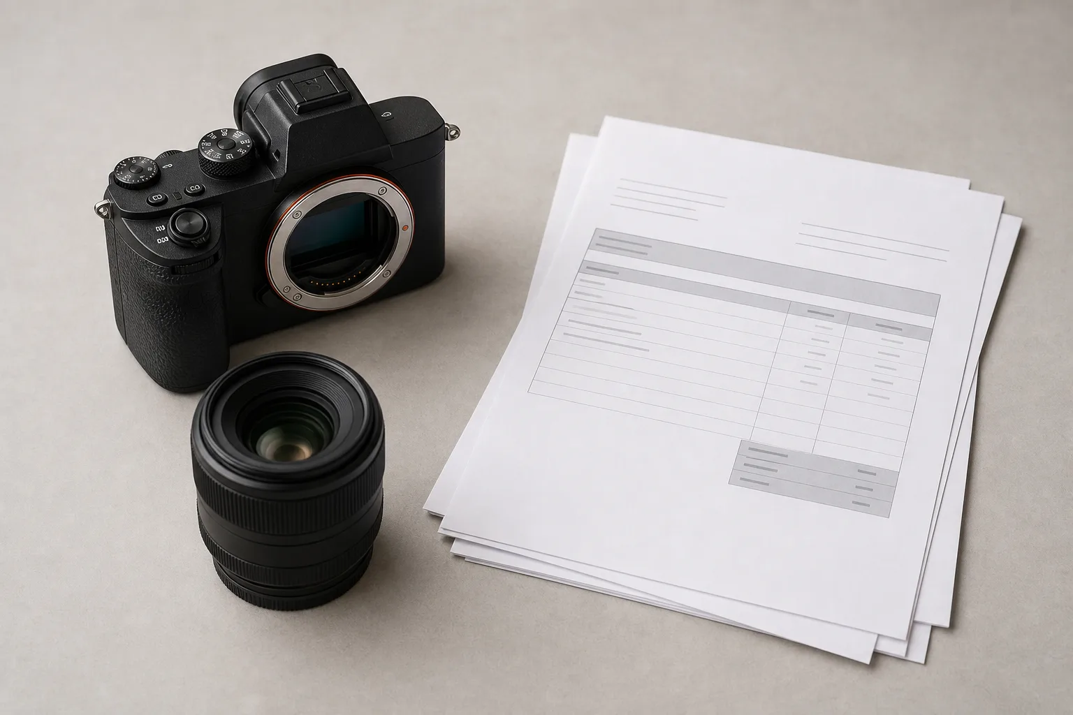 A camera body, a lens and a small stack of printed invoices arranged on a plain desk