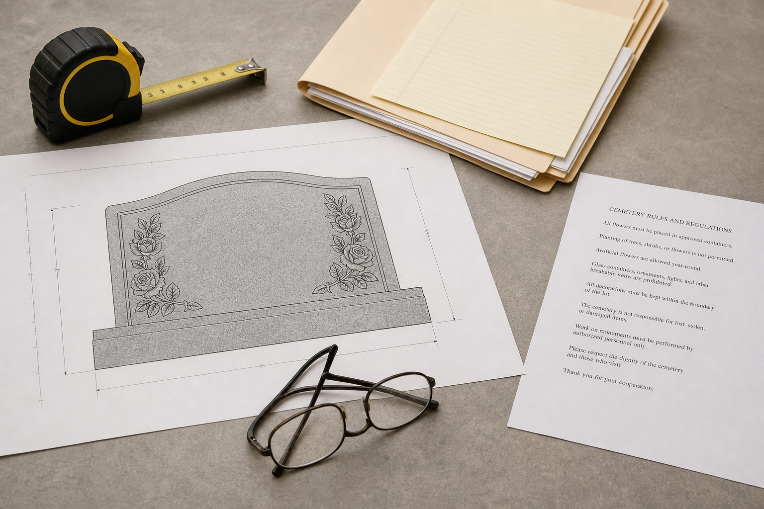 A kitchen table with a scaled engraving proof drawing for a granite headstone, a cemetery rules sheet, a folder of documents, a tape measure and a pair of re...
