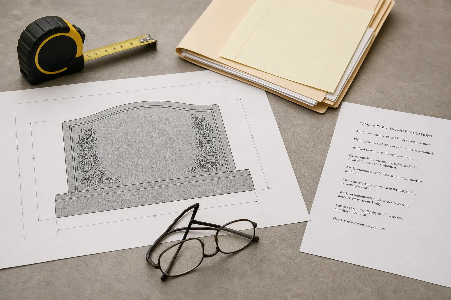 A kitchen table with a scaled engraving proof drawing for a granite headstone, a cemetery rules sheet, a folder of documents, a tape measure and a pair of re...