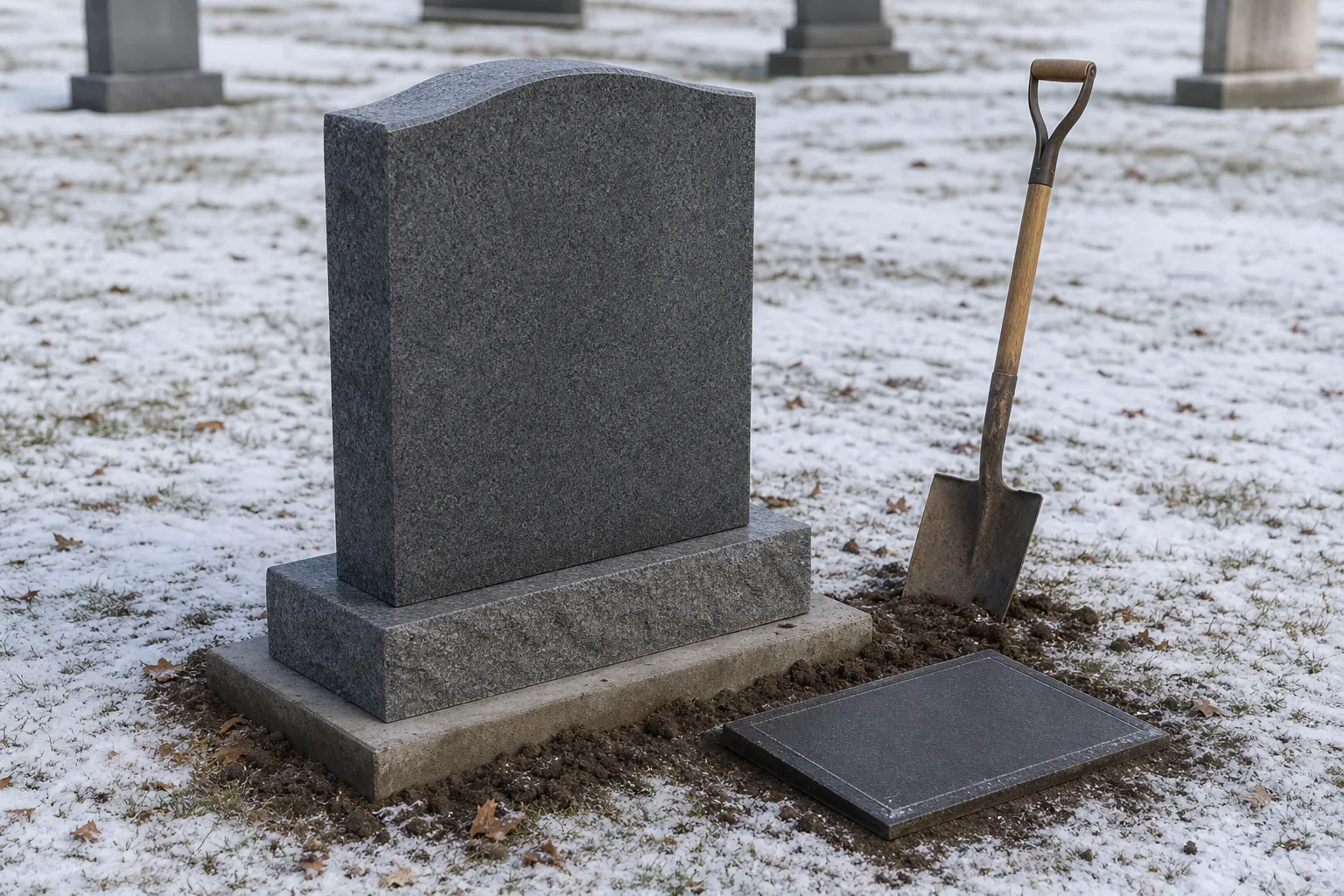 A granite upright headstone standing on a concrete foundation in a snow-dusted cemetery section, with a shovel and a temporary flat marker nearby