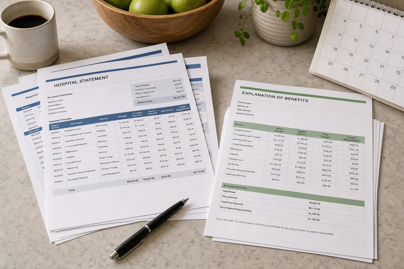 A multi-page itemized hospital statement and an insurance explanation of benefits spread out side by side on a kitchen table with a pen and a calendar