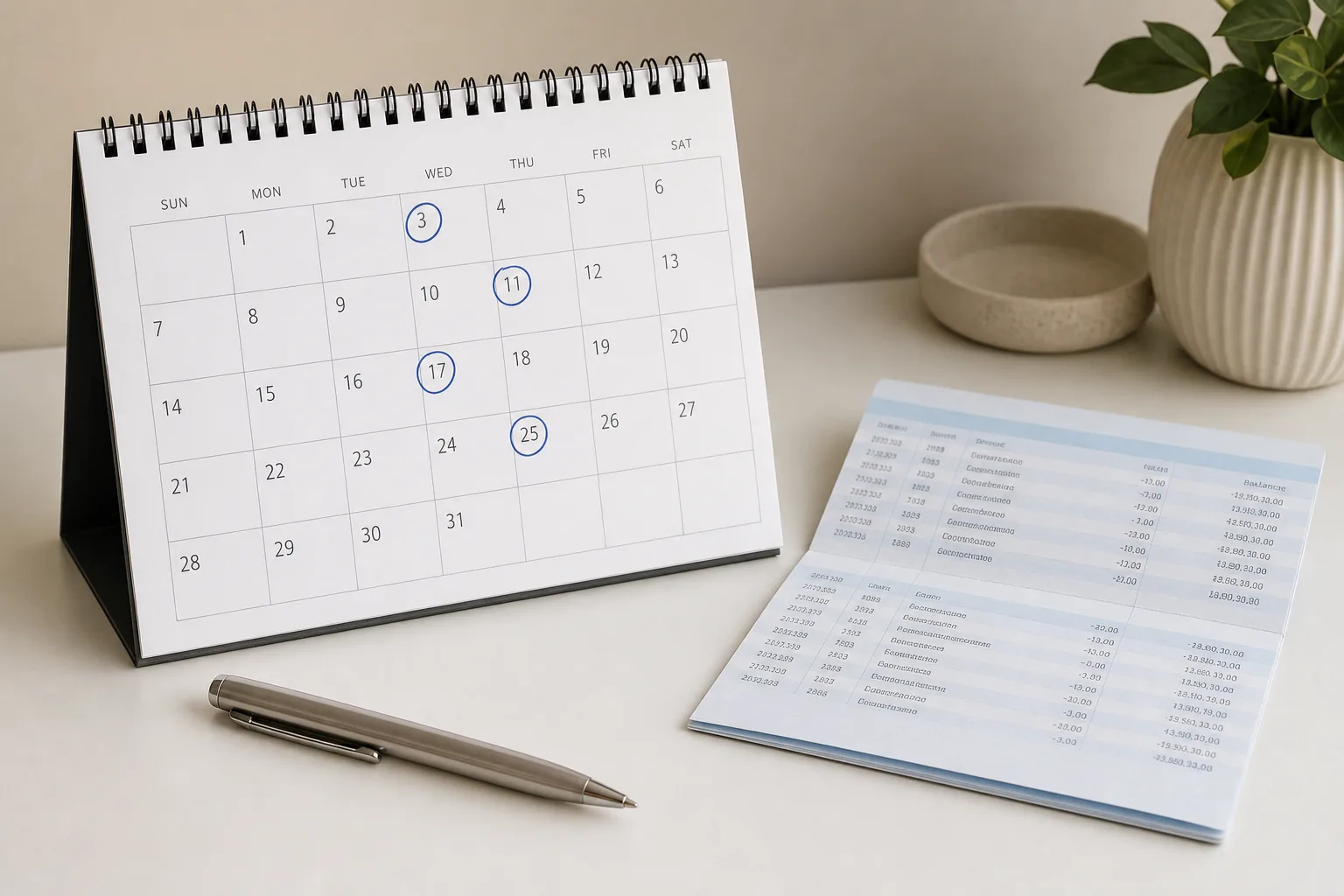 A desk calendar open to a month with four dates circled, resting beside a bank statement and a pen