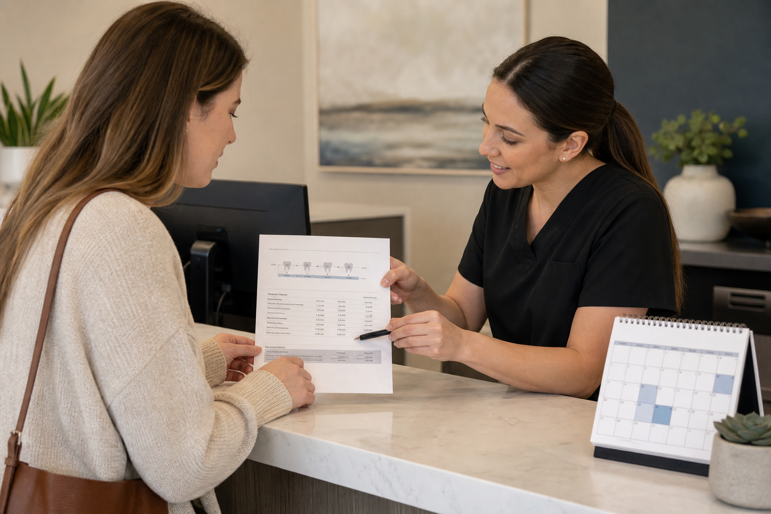 A patient and a front-desk staff member at a clinic reception counter reviewing a printed treatment plan and cost estimate, with an appointment calendar visi...