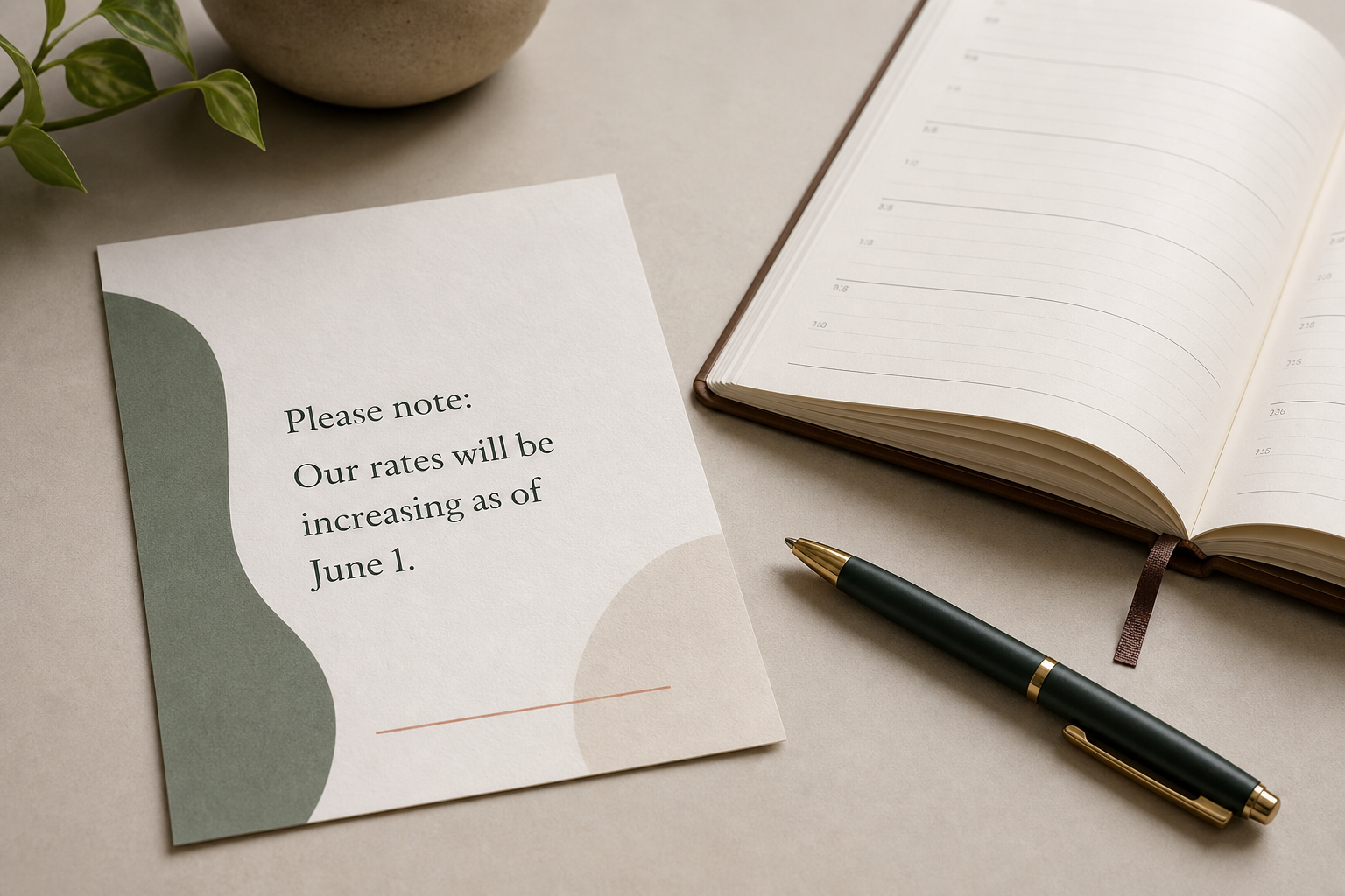 A short printed rate notice on a desk beside an open appointment book and a pen