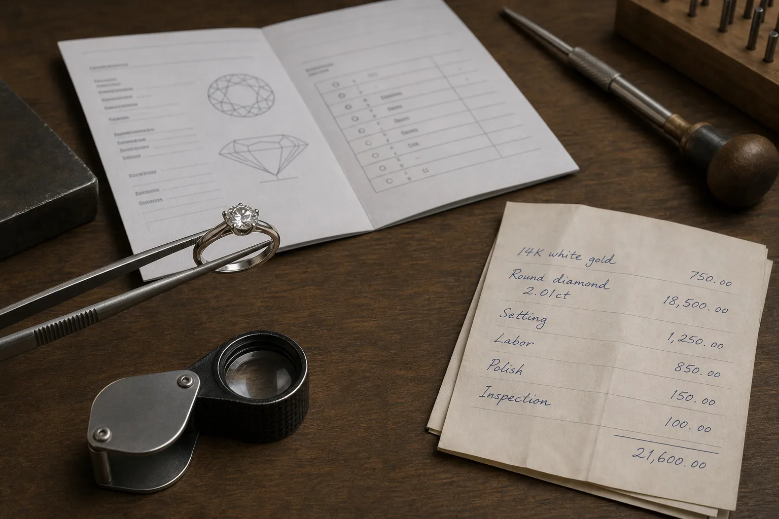 A jeweler's workbench with a diamond ring held in tweezers beside a folded laboratory grading report, a loupe, and an itemized handwritten receipt