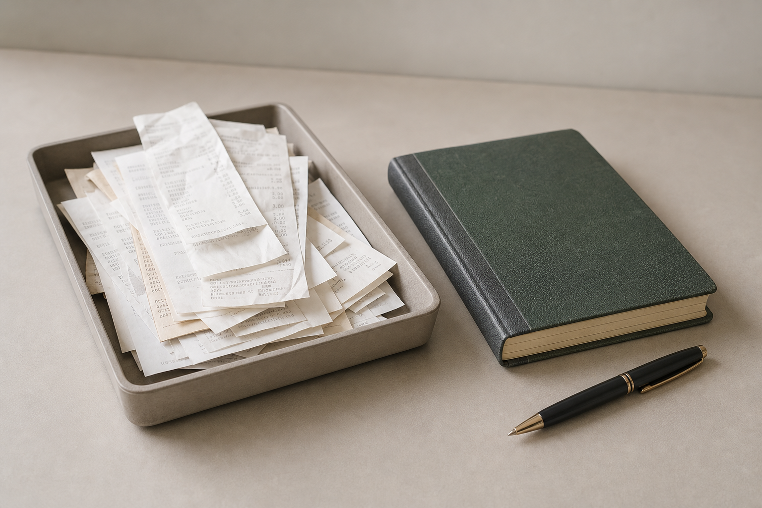 A shallow tray of paper receipts beside a small bound ledger and a pen on a plain desk