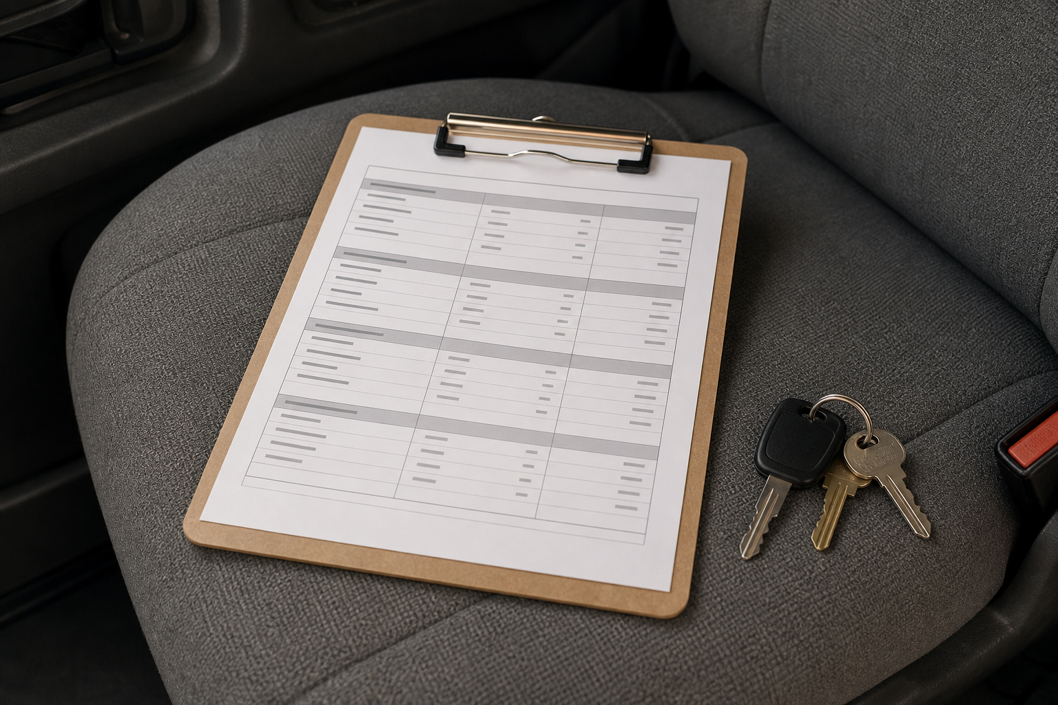 A single printed price sheet clipped to a clipboard on a truck seat beside a set of keys