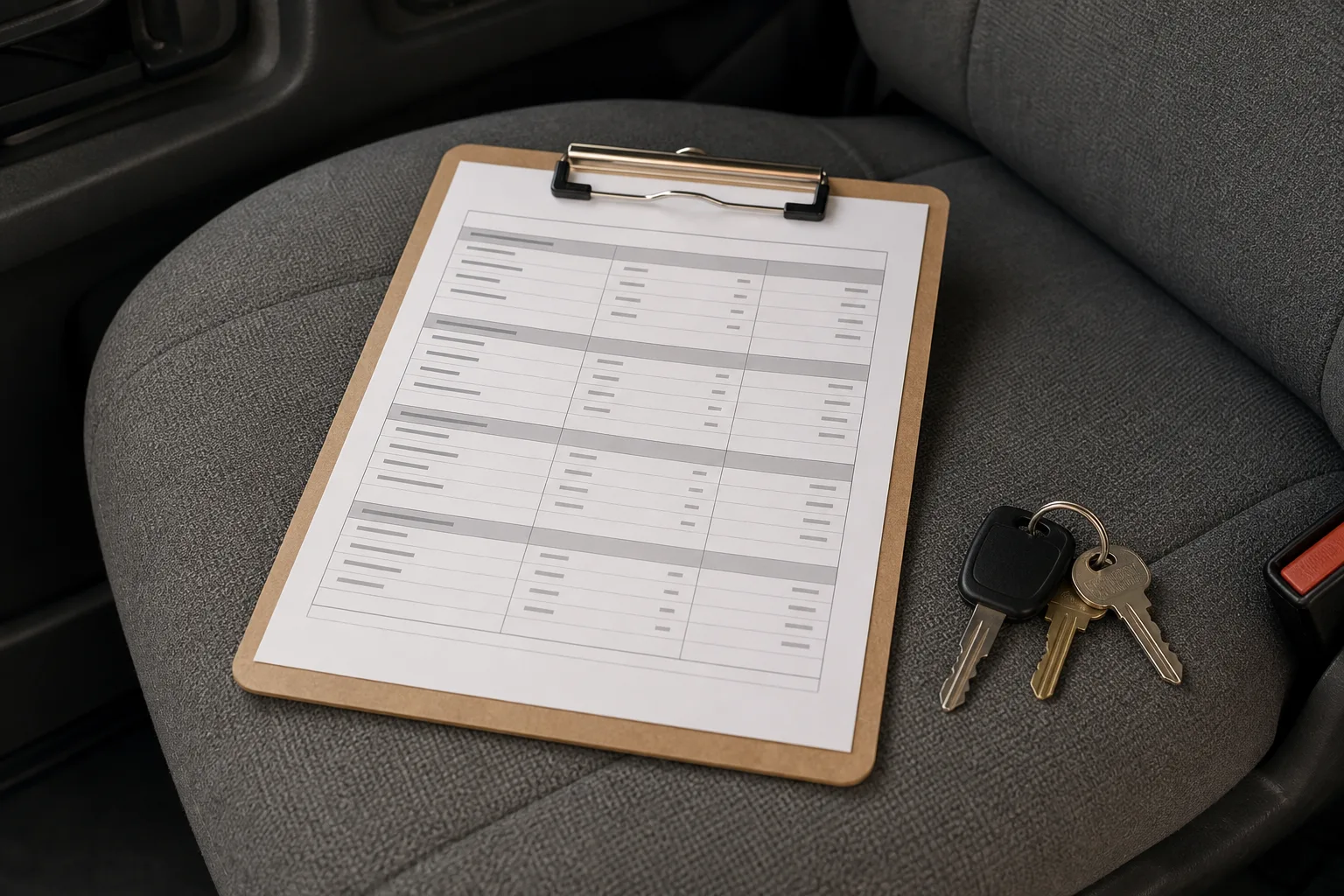 A single printed price sheet clipped to a clipboard on a truck seat beside a set of keys