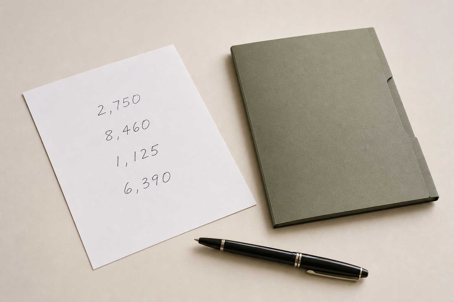 A sheet of paper with four handwritten figures on it, resting beside a pen and a closed folder