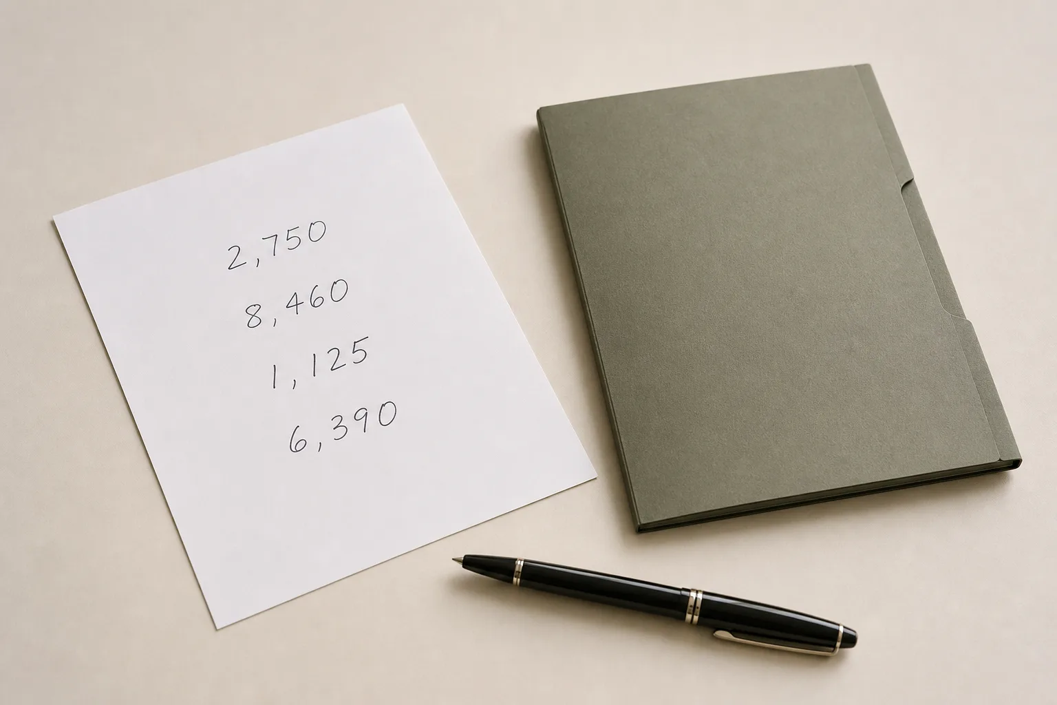 A sheet of paper with four handwritten figures on it, resting beside a pen and a closed folder